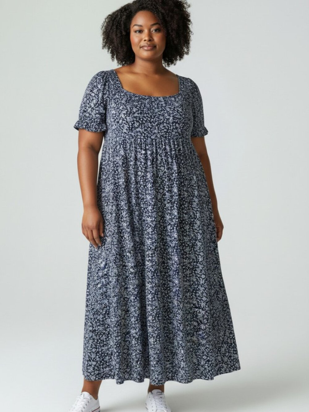 Navy Blue Floral Empire Waist Maxi Dress - Plus Size 5XL